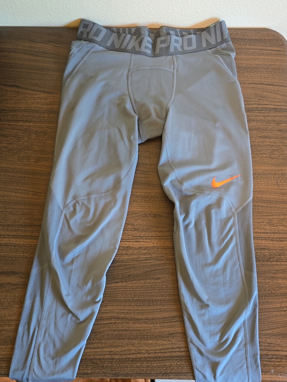 Nike Pro Men's Hyperwarm Gray Compression Leggings with Orange Swoosh